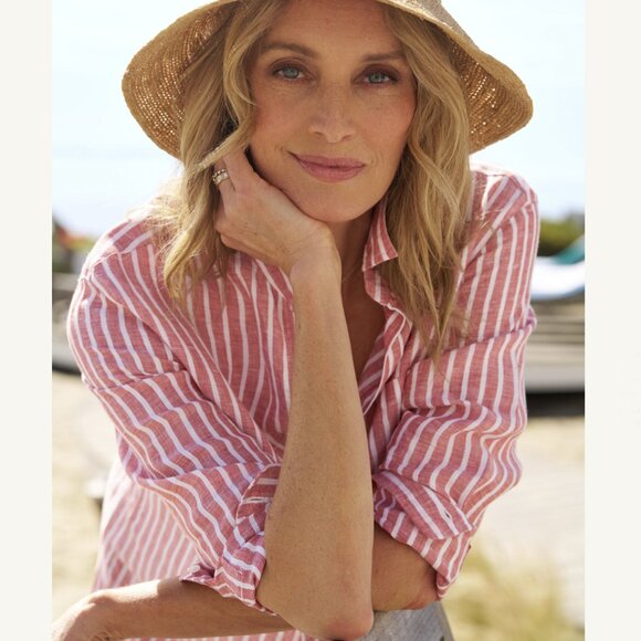 Frank & Eileen - Mary Woven Button Up Linen Dress Size: L Red and White Stripe - Picture 11 of 16